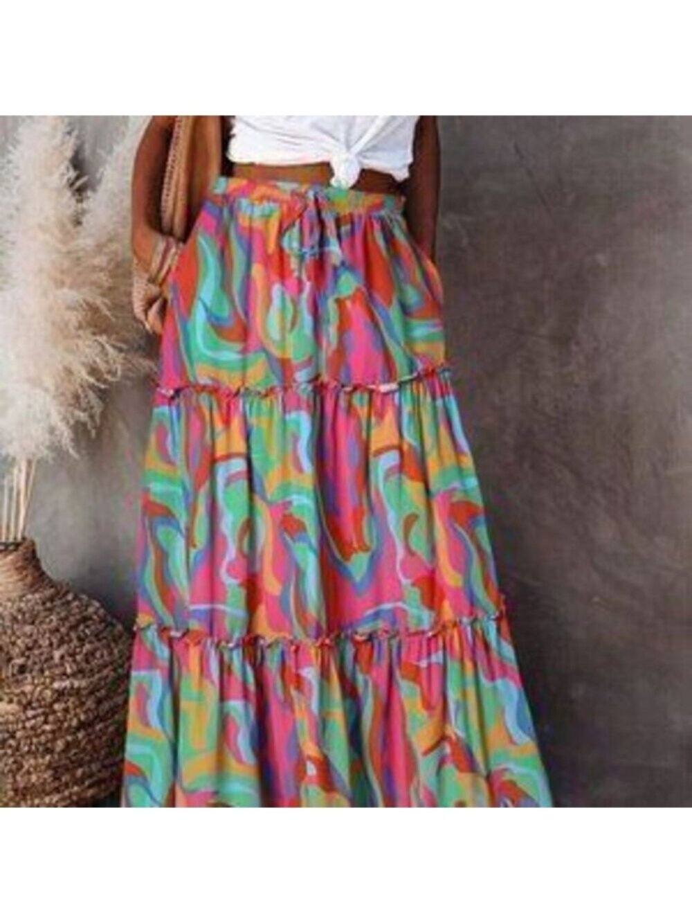 Multicolor Casual Women's Boho Abstract Print Long Elastic Waist A Line Skirt